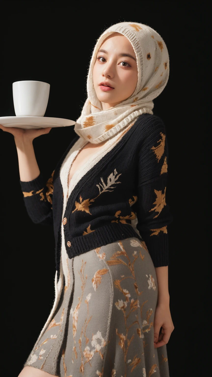 analog film photo solo, realistic, ((woman)), (((hijab pashmina))), (((happy512))), ((((Knit_cardigan:1.4),(Printed_midi_skirt:1.3),(Cozy_café_background:1.4)))), ((Simple Light black background:1.5)), ((dynamic pose)), high detailed, 8k, clear facial features, skin gstyle . faded film, desaturated, 35mm photo, grainy, vignette, vintage, Kodachrome, Lomography, stained, highly detailed, found footage, naked, nude, hijab, breast size slider, medium breasts, lift your armpits