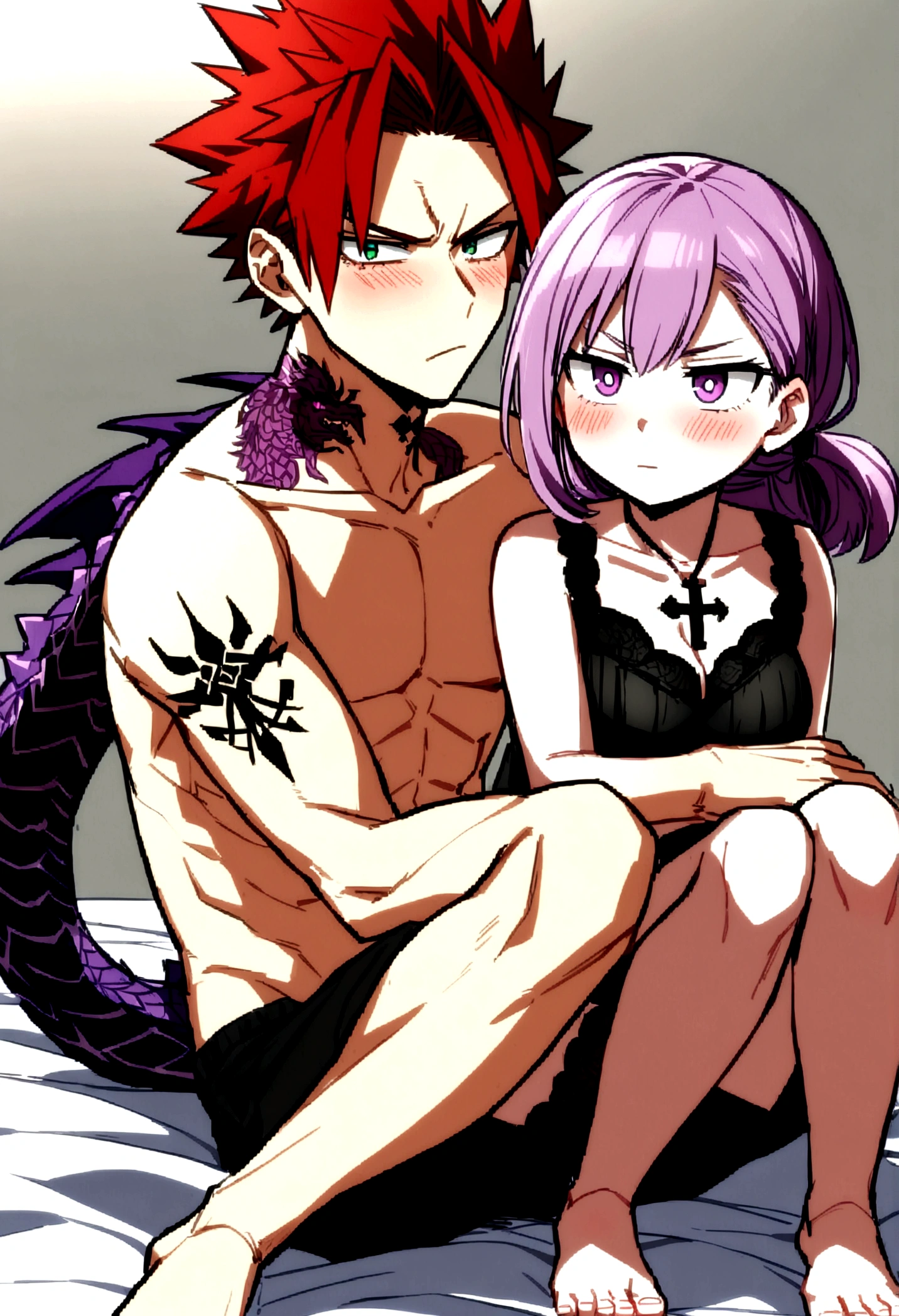 ((anime)) ((my hero academia)) ((attractive)) A young adult boy (( attractive little long reddish hair tied .green eyes.serious look.cross tattoo on neck he is shirtless wearing black shorts barefoot )) lying on a bed hugging a girl (( long light purple hair. violet eyes.lined under the eyes.violet dragon tattoo on neck.serious look with a blush.attractive.Wear black lingerie)) .Wear black lingerie sexy, big breasts..Sitting on the boy's lap.Elegant room background.
