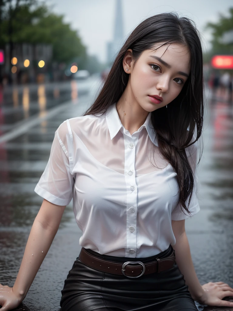 (RAW shooting, Photoreal:1.5, 8K, highest quality, masterpiece, ultra high resolution), perfect dynamic composition:1.2, Night street corner of a modern city, expression of sadness:0.5, heavy rain:1.3, Highly detailed skin and facial textures:1.2, one Slim lady wet in the rain:1.3, Fair skin:1.2, perfect style:1.2, beautiful and aesthetic:1.1, very beautiful face:1.2, water droplets on the skin, and face, (rain drips all over my body:1.2, wet body:1.2, wet hair:1.3, Wet black tight skirt:1.2, wet white plain short-sleeve shirt:1.3), brown suede belt, black bra under white shirt:1.3, white sneakers, (cry, lovelorn, The expression on your face when you feel intense caress, Facial expression when feeling pleasure), (beautiful blue eyes, Eyes that feel beautiful eros:0.8), (Too erotic:0.9, Bewitching:0.9), cowboy shot, upper body, close up, rain, silver semi-sphere shirt buttons:1.2, silver plate belt buckle:1.2, at night:1.2, thai university uniform, at night:1.2