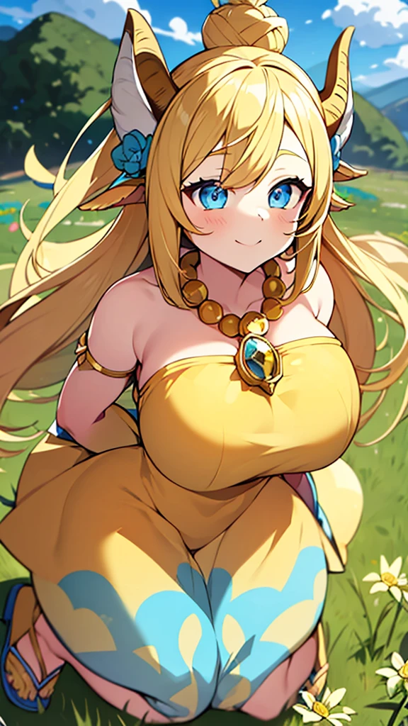 1goat woman,golden horns, goat ears, goat tail, blonde hair, two buns, yellow flower on the head, perfect eyes, make-up, blue eyes, happy face, yellow necklace, yellow dress with blue polka dot print, yellow sandals, yellow spear with blue details, big breasts, big ass, garden background