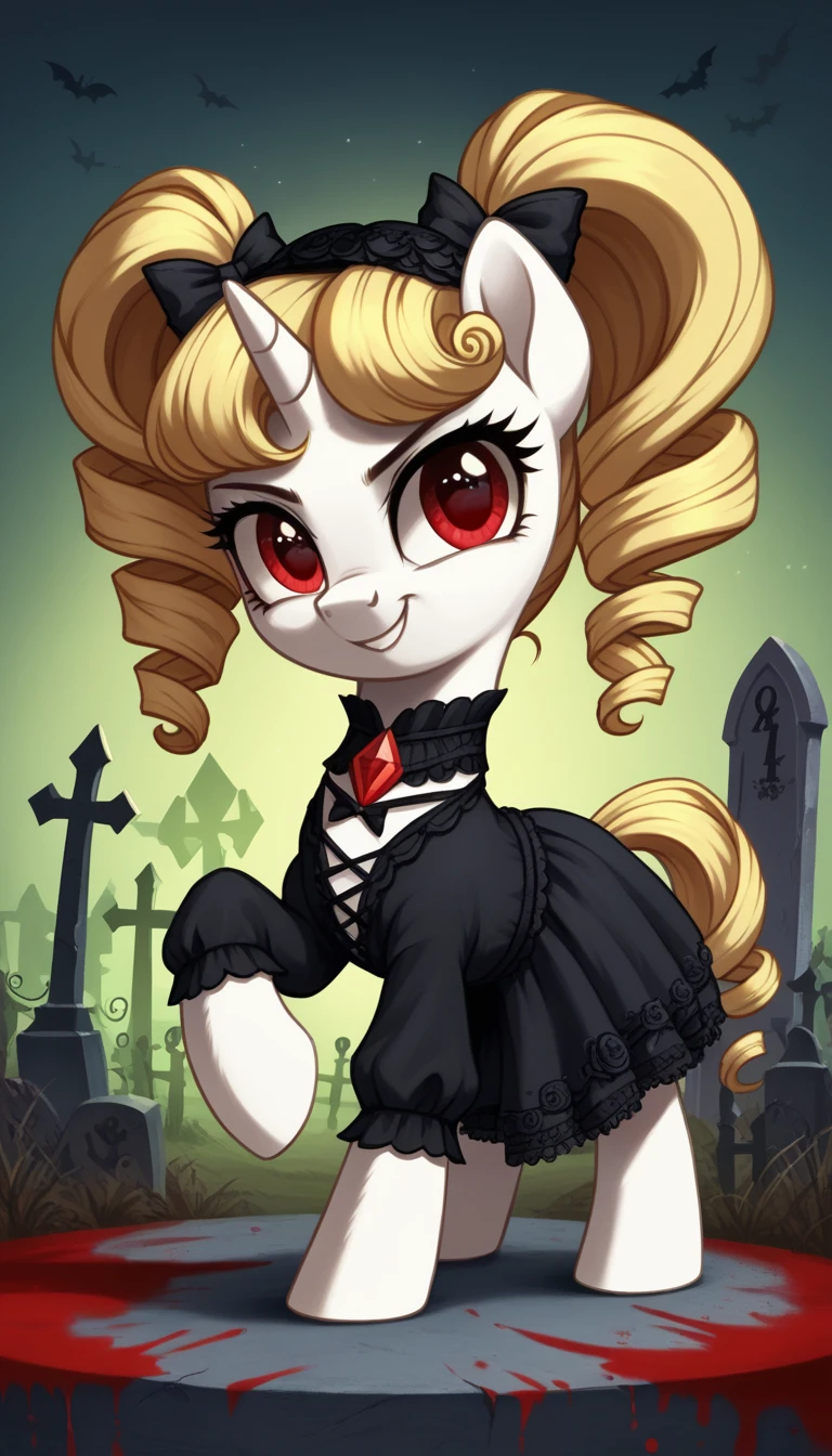 score_9,score_8_up,score_7_up,score_6_up, filly, unicorn, white fur, curly blonde hair, twintails, red eyes, Gothic pony, ta fashion, glowing backlight, fashion show, graveyard, glitter, whimsical, enchanted, magical, fantasy art concept, intricate details, innocent evil smile, blood splatter on face, hoof tips