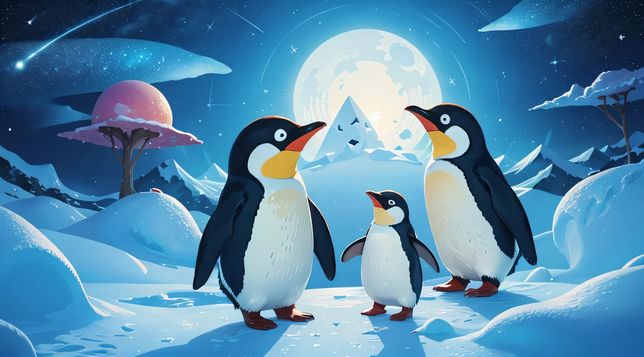 The world of picture books、Cute Penguin 、Antarctica Land,A starry sky(Variety of colors,Highest quality,More details More detailasterpiece,Folk crafts,Cinematic Lighting Effects,4K,Chiaroscuro)