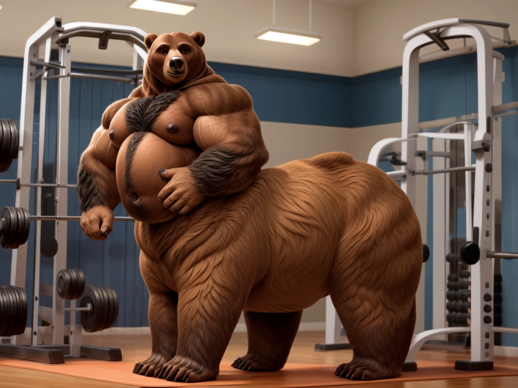 furry, fur taur, beartaur, middle-age, solo, detailed face, bear ears, bear eyes(brown), bear nose(black), bear mouth, garibaldi beard(grey), mature hair(grey), detailed arms, thick arms, muscular, thick hands(5 fingers), detailed body belly, thick body, muscle belly(white), thick chest, chest hair(grey), detailed taur body, thick taur body, thick bear paws, thick bear tail, full body shot, standing on the gym
