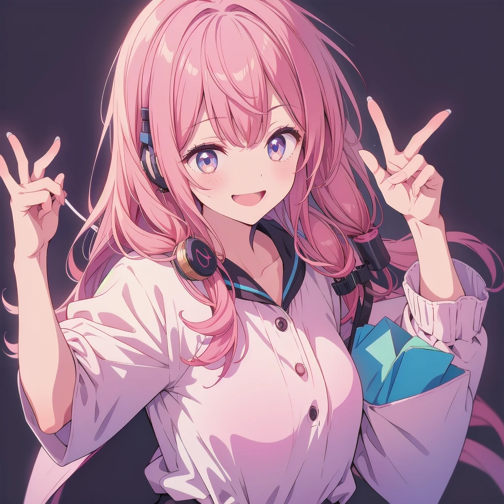 1girl、Big Peace Sign、Small breastsm、Simple Background、smile、headphone、
