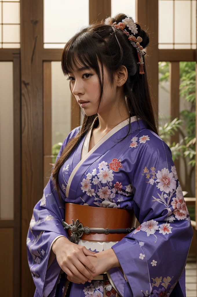 ((Best Quality)), ((Masterpiece)), (detailed), 1 girl, character design, CHARACTER SHEET, traditional japanese kimono, samurai, armor samurai, girl with kimono and samurai and samurai elements, armor, kimono, purple, by hime cut.