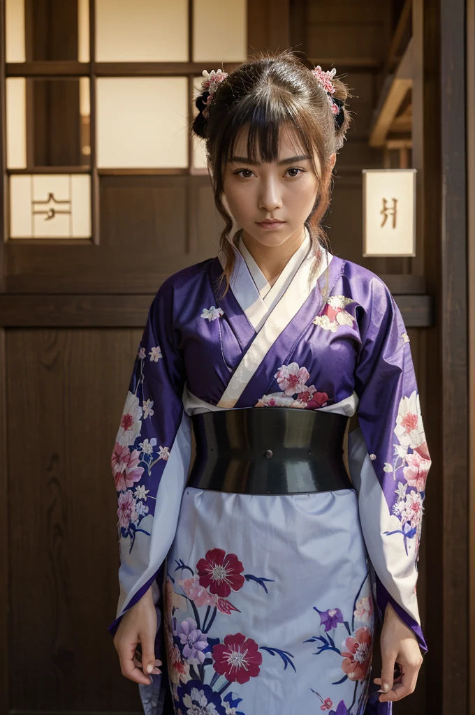 ((Best Quality)), ((Masterpiece)), (detailed), 1 girl, character design, CHARACTER SHEET, traditional japanese kimono, samurai, armor samurai, girl with kimono and samurai and samurai elements, armor, kimono, purple, by hime cut.