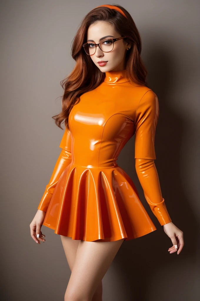 DV_Manuela_Vicious, (skinny, slim, petite:1.3), ginger hair, (l4t3xv3lm4:1.3), orange thighhighs, long sleeves, latex, pleated skirt, glasses, (red skirt), orange latex sweater, (full body shot), modern photo, (35mm, F/2.8) Photo Focus, DOF, Aperture, insanely detailed and intricate, character, hypermaximalist, beautiful, revealing, appealing, attractive, amative, hyper realistic, super detailed, beautiful girl, ((detailed eyes)), long eyelashes, (glossy lips), beautiful girl modeling, photoshoot, plain background