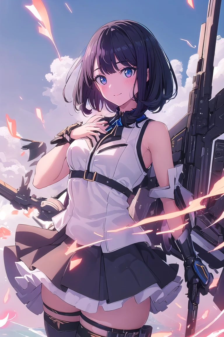 Mecha Wings、Black Skirt、sword、Accentuated thighs、White tights、chest、Black Hair、1 girl、solo girl、Thick thighs、is、Frame Arms Girl、Alice Gere Aegis、income、headphone、hand on own chest、smile、idol costume、back track rich