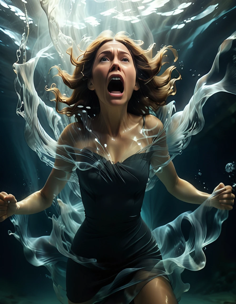 3D representation of a tense underwater moment. A woman, in sheer panic, propels herself forward, attempting to escape the pull of a vast mouth, claw their way from a swirling vortex of shadows. The water's refracted light and swirling currents heighten the sense of danger.