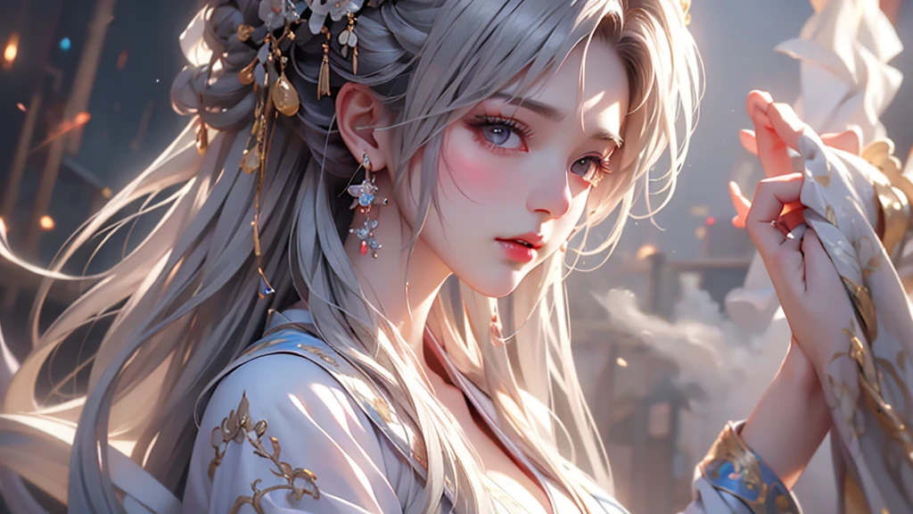 super high quality, masterpiece, Perfect illustration, Very detailed (Exquisite light and shadow, Very dramatic photo,Backlight) , ((Gray Hair:1.5))1 Girl,(( alone:1.6)), (Wearing Han clothes, Black and white Hanfu,Monotony,Long sleeve)  (White smoke:1.3) (Realistic:1.4), Official Art, unity 8k wallpaper, Very detailed, Beautiful and beautiful, masterpiece, Highest quality, (Dynamic Angle: 1.4), Glowing Skin, (Floating colorful flashes: 1) The most beautiful chaotic shapes, elegant, Brutalist Design, Bright colors, Romantic Depth of Field Exotic_dance, half_naked、Expose your shoulders、Ample breasts、Great cleavage、
