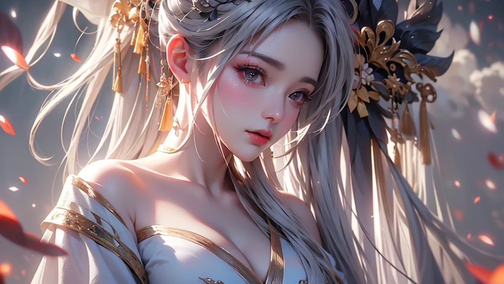 super high quality, masterpiece, Perfect illustration, Very detailed (Exquisite light and shadow, Very dramatic photo,Backlight) , ((Gray Hair:1.5))1 Girl,(( alone:1.6)), (Wearing Han clothes, Black and white Hanfu,Monotony,Long sleeve)  (White smoke:1.3) (Realistic:1.4), Official Art, unity 8k wallpaper, Very detailed, Beautiful and beautiful, masterpiece, Highest quality, (Dynamic Angle: 1.4), Glowing Skin, (Floating colorful flashes: 1) The most beautiful chaotic shapes, elegant, Brutalist Design, Bright colors, Romantic Depth of Field Exotic_dance, half_naked、Expose your shoulders、Ample breasts、Great cleavage、
