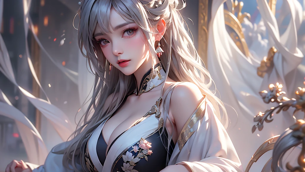 super high quality, masterpiece, Perfect illustration, Very detailed (Exquisite light and shadow, Very dramatic photo,Backlight) , ((Gray Hair:1.5))1 Girl,(( alone:1.6)), (Wearing Han clothes, Black and white Hanfu,Monotony,Long sleeve) (White smoke:1.3) (Realistic:1.4), Official Art, unity 8k wallpaper, Very detailed, Beautiful and beautiful, masterpiece, Highest quality, (Dynamic Angle: 1.4), Glowing Skin, (Floating colorful flashes: 1) The most beautiful chaotic shapes, elegant, Brutalist Design, Bright colors, Romantic Depth of Field Exotic_dance, half_?????、Expose your shoulders、Ample breasts、Great cleavage、