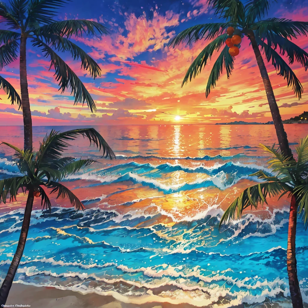 ((Best Quality)), ((Masterpiece)), (detailed), a serene beach setting, several palm trees with lush green leaves and intricate bark patterns, beach balls in various vibrant colors floating in the air, creating a playful contrast against the crystal-clear sky. The sky is a mesmerizing blend of absolutely fascinating hues such as oranges, pinks, yellows, and blues, with the sun gently kissing the horizon and the water. The white sand stretches infinitely, its texture meticulously captured, blending seamlessly with the gently swaying palm trees. The scenes are action-packed and impressive, with seagulls soaring high in the sky, their wings catching the sunlight,
