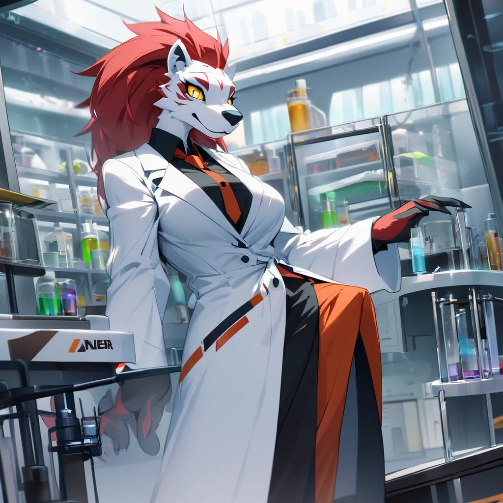 1girl,solo,furry, furry_female,Mature  female,red hair,Yellow eyes,tall person,tall stature,slender,researcher,laboratory,wearing a white coat,looking at viewer,very near,standing up,