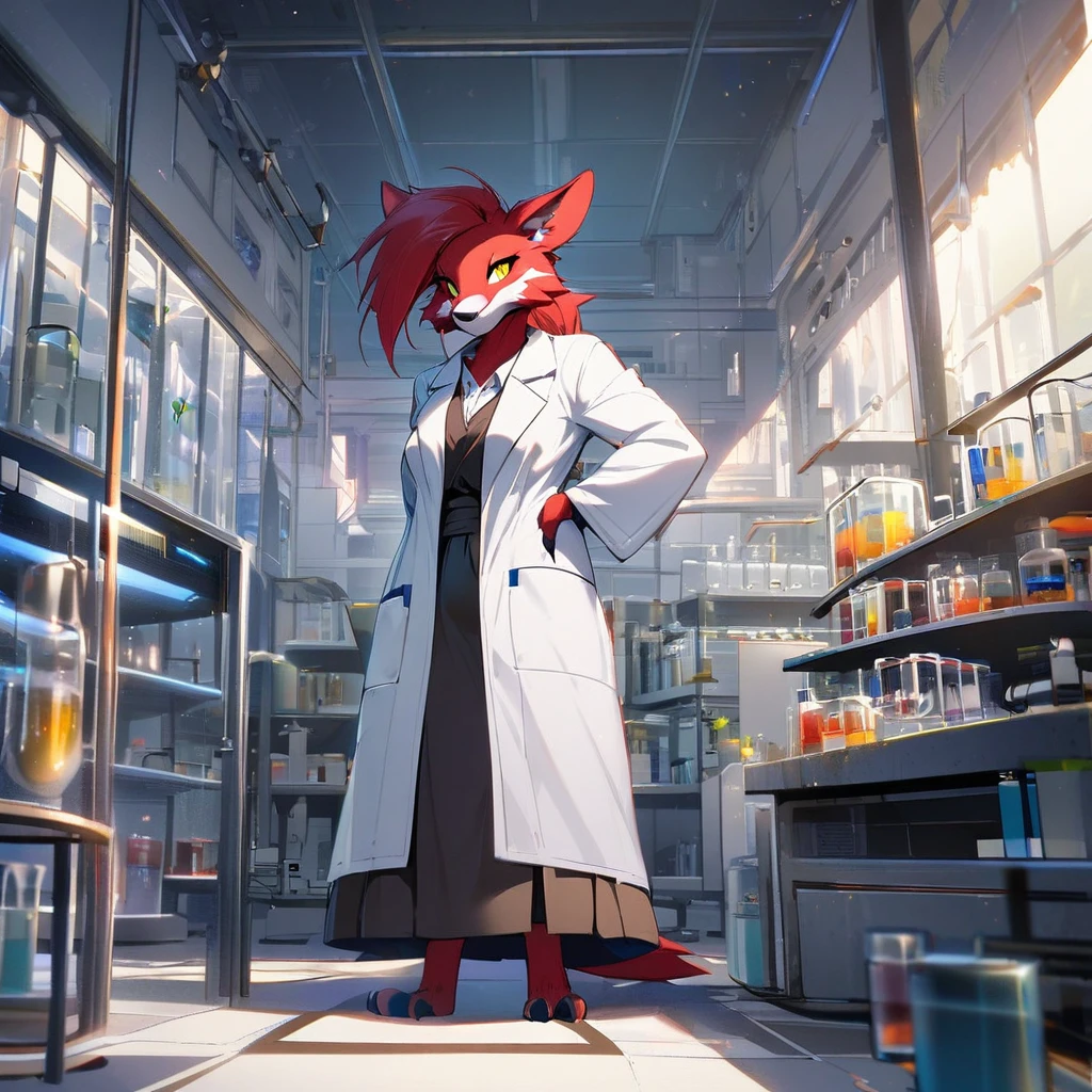 1girl,solo,furry, furry_female,Mature female,red hair,Yellow eyes,tall person,tall stature,slender,researcher,laboratory,wearing a white coat,looking at viewer,very near,standing up,