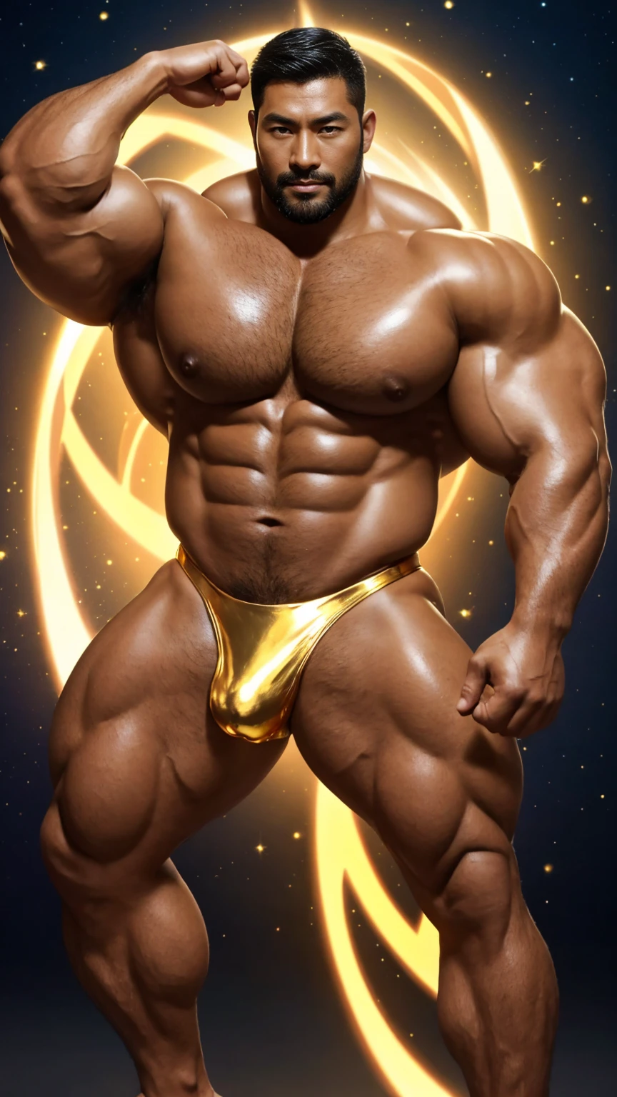 There is only one handsome Asian actor in the photo,35 years old,High target, Fitness,short hair, O-Shaped Beard,Perfect body, Dark skin color,Radiant Skin,Smooth skin,Shiny, shiny skin,Smooth pectoral muscles,No chest hair,No body hair,Muscle bulge, muscular, Very large pectoral muscles,Very sexy abdominal muscles,Very well-developed leg muscles,Huge concave and convex area,Brightens oily skin,Wearing a shiny gold leather thong,Handsome face,Normal human toes,Correct and accurate male body proportions,Superhero style,Golden Energy,Gold Theme,Energy surrounding, Light particle effects, dusk, electricity,Dynamic poses,Multiple light points surrounded by energy,Golden Energy ,Golden flame,,Gradient sky, magic。