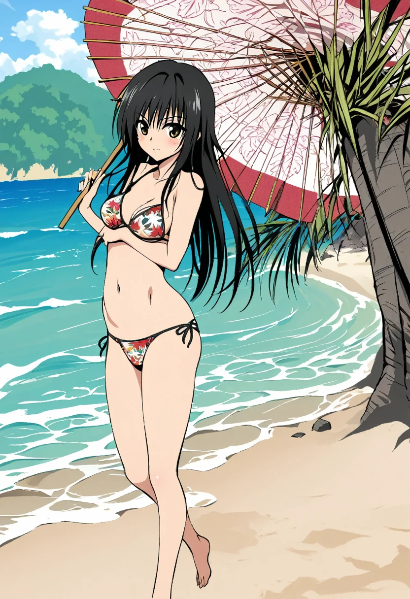 One girl, kotegawa yui, to love-ru,perfect body,black Hair, long Hair, brown eyes,tropical pattern bikini,standin g on the beach,parm tree,parasol,full body shot,
break,Design a traditional Japanese woodblock print, with stylized forms, limited color palettes, and a sense of depth and perspective.