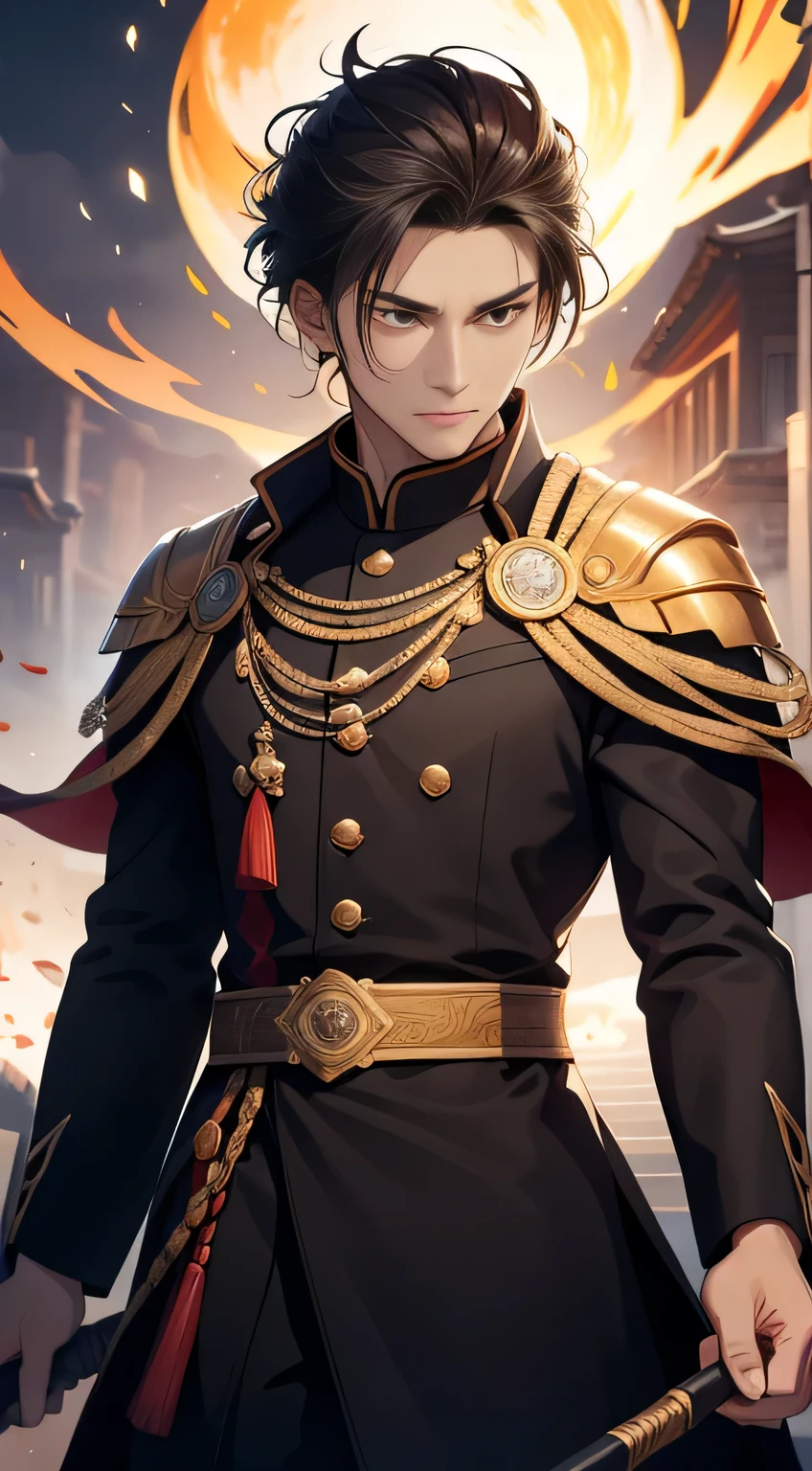 General Liangshan Wuhu，Handsome male，Double whip whip scorched，Exquisite facial features，Three-dimensional facial features，Perfect face，Wearing a tall iron head，Wearing a golden Luo Jin headscarf，Wearing a seven-star nail soap robe，Wear expensive precision forged black oil pair inlaid armor，Ride a royal horse and kick a snow-black horse，Hold two watermilled eight-sided steel whips，The left hand weighs twelve pounds，The right hand weighs thirteen poundajestic-looking，Invincible，Top Photography Masters Award-Winning Works，Light particles surround，tmasterpiece，A high resolution，luxury goods，detail-rich，Petal granules，（Holding male and female tiger eye whips），He is good at the Huyan family transmission method 36 Land Rover whip method，Shining with God's eyes，Artwork quality