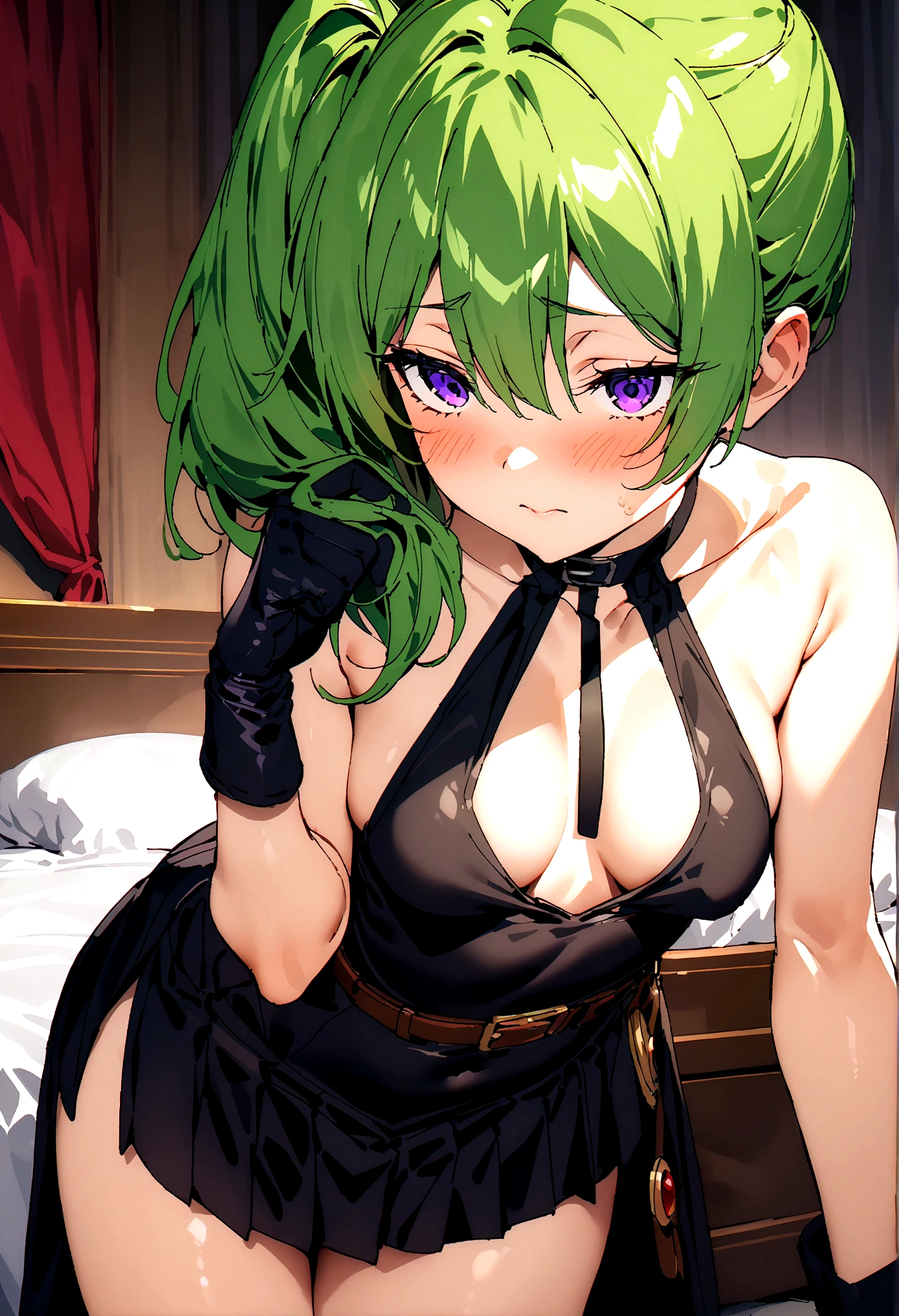 NSFW,masterpiece,Highest quality,High resolution,Super detailed,Uber\(Funeral of Frieren\),Green Hair、bangs、Hair between the eyes、Side Ponytail、Purple Eyes、Black choker、clavicle、No sleeve、high slit dress、No sleeveのドレス、Halter neck、Pleated skirt、Black gloves、belt、Black shoes,Embarrassed,blush,Luxurious Room,Brothel at night,heart,Sexy pose