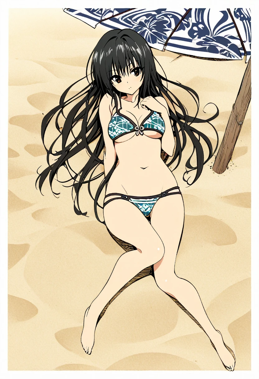 One girl, kotegawa yui, to love-ru,perfect body,black Hair, long Hair, brown eyes,tropical pattern bikini,lying on the beach,parm tree,parasol,full body shot, break,Design a traditional Japanese woodblock print, with stylized forms, limited color palettes, and a sense of depth and perspective.