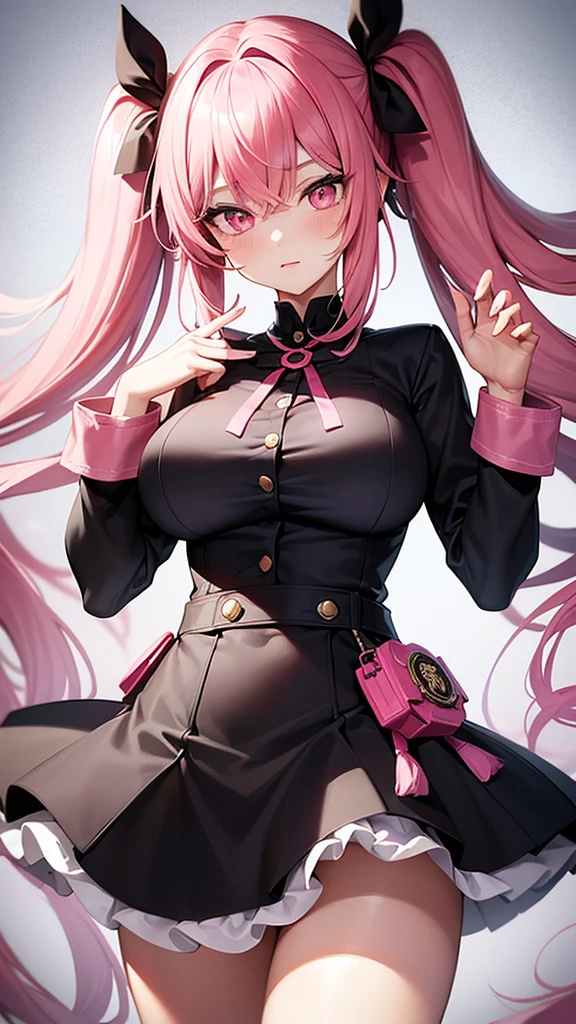 (Highest quality,Super detailed,1 girl),black tights,Pink Hair,Height: 160cm,cute,Pink Eyes,Twin tails,Big Breasts,Wear a uniform,The eyes are shining white,Looking at me from a close distance,Has bright white eyes,