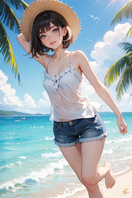 (Highest quality、masterpiece、High resolution、8K)、Vibrant colors、1 Female、Young and beautiful woman、whole body、(Detailed face、Beautiful Eyes、Beautiful nose、Pretty lips)、Black and brown short bob、White tank top and shorts、barefoot、Jump High、Surprised Smile、Official Art、The background is the sea、blue sky、Wide sandy beach、Wide forest、White waves and sandy beach、White Entrance Cloud、