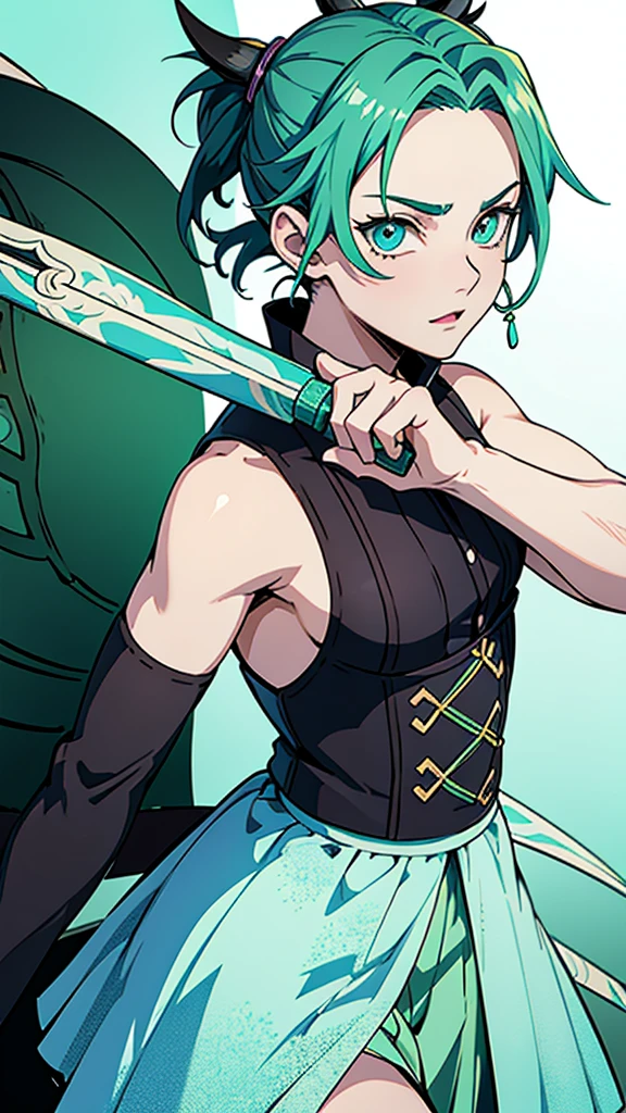 Screenshot kimetsu no yaiba. A girl who has short tousled hair that is a light aqua green color while her eyes are a bright green color, is a demon hunter