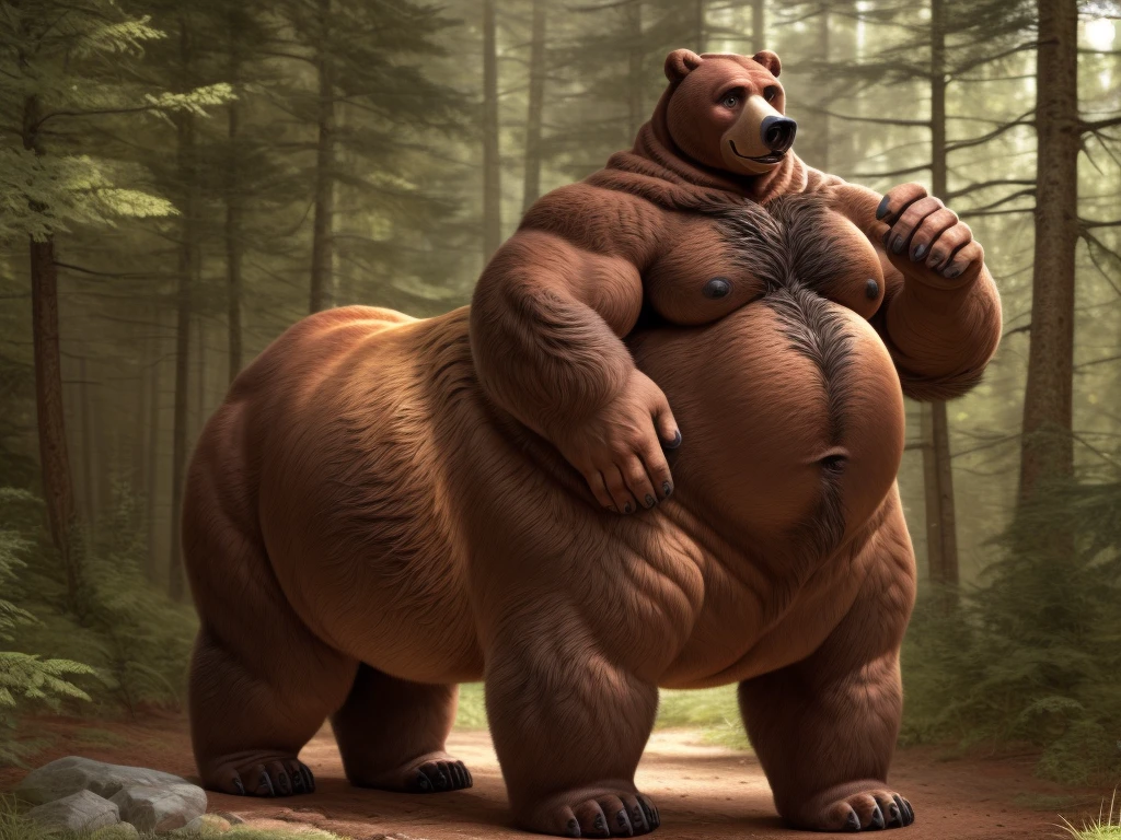 furry, fur taur, beartaur, middle-age, solo, detailed face, bear ears, bear eyes(brown), bear nose(black), bear mouth, garibaldi beard(grey), mature hair(grey), detailed arms, thick arms, muscular, thick hands(5 fingers), detailed body belly, thick body, muscle belly(white), thick chest, chest hair(grey), detailed taur body, thick taur body, thick bear paws, thick bear tail, full body shot, standing on the black forest