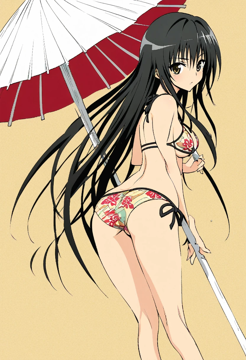 One girl, kotegawa yui, to love-ru,perfect body,black Hair, long Hair, brown eyes,tropical pattern bikini,standin g on the beach,looking back,parm tree,parasol,full body shot, break,Design a traditional Japanese woodblock print, with stylized forms, limited color palettes, and a sense of depth and perspective.