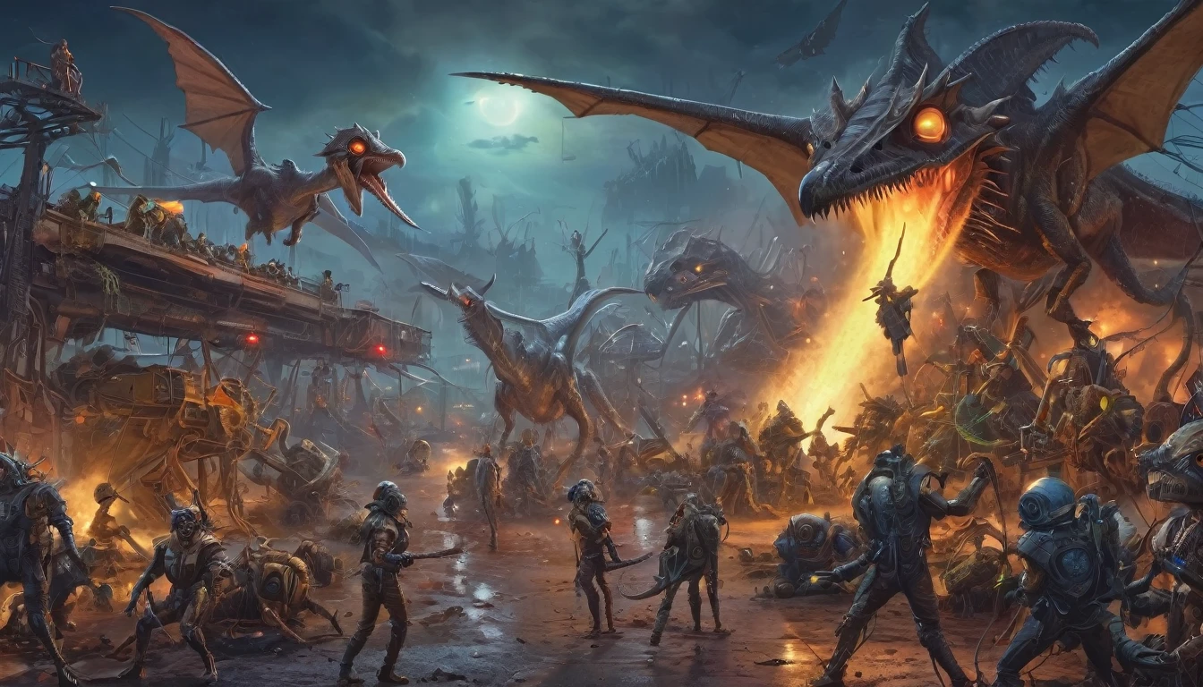 lot of characters from Galaxy of Terror, inspired by Ed Emshwiller and Heavy Metal Magazine, Cyberpunk apocalypse in chaotic world, stalenhag, metal album cover, gwar, flying pterosaur, monsters and robots, wayne barlowe pierre pellegrini, retro sci fi, movie poster promo, very detailed face, bue skin, white eyes, moody, epic, shot on Kodak Vision3, (intricate details), (hyperdetailed), 8k hdr, high detailed, lot of detailed, high quality, soft cinematic light, dramatic atmosphere, atmospheric pespective