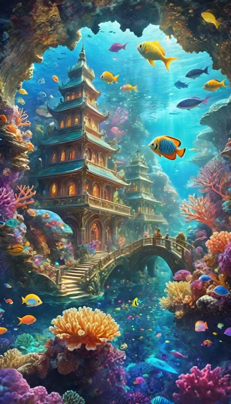 fractal,Shine,きらきらShine, Veera, Extremely small light-emitting quantum dots, Extraterrestrial、Many lanterns, conceptual art of marine life, Underwater scenery, Life at sea,Beautiful coral reefs come in many shapes, 3d,, fish, Female anime fantasy illustration. Long rainbow-colored hair scattered in the sea,Colorful hair colors、drift, Very harmonious. The painting as a whole adopts a messy and imaginative style.. The colors are bright and saturated, With smooth lines. The mystery and beauty of the sea, The painting depicts an underwater world full of life and vitality., Animation Art Wallpaper 8K、Shineサンゴ、Looking out at the world、Rainbow Eyes