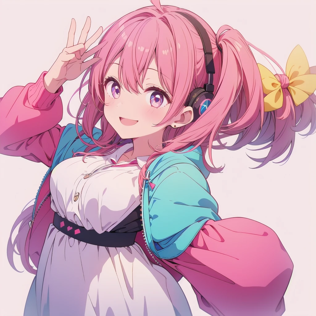 1girl、Big Peace Sign、Small breastsm、Simple Background、smile、headphone、