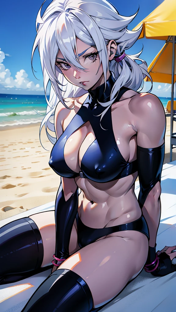 アニメ cel-shading (Female (Jenova)), purple eyes, white hair, (blue skin), bikini, on the beach in ((anime + manga + comics + cartoon) style), demoniac