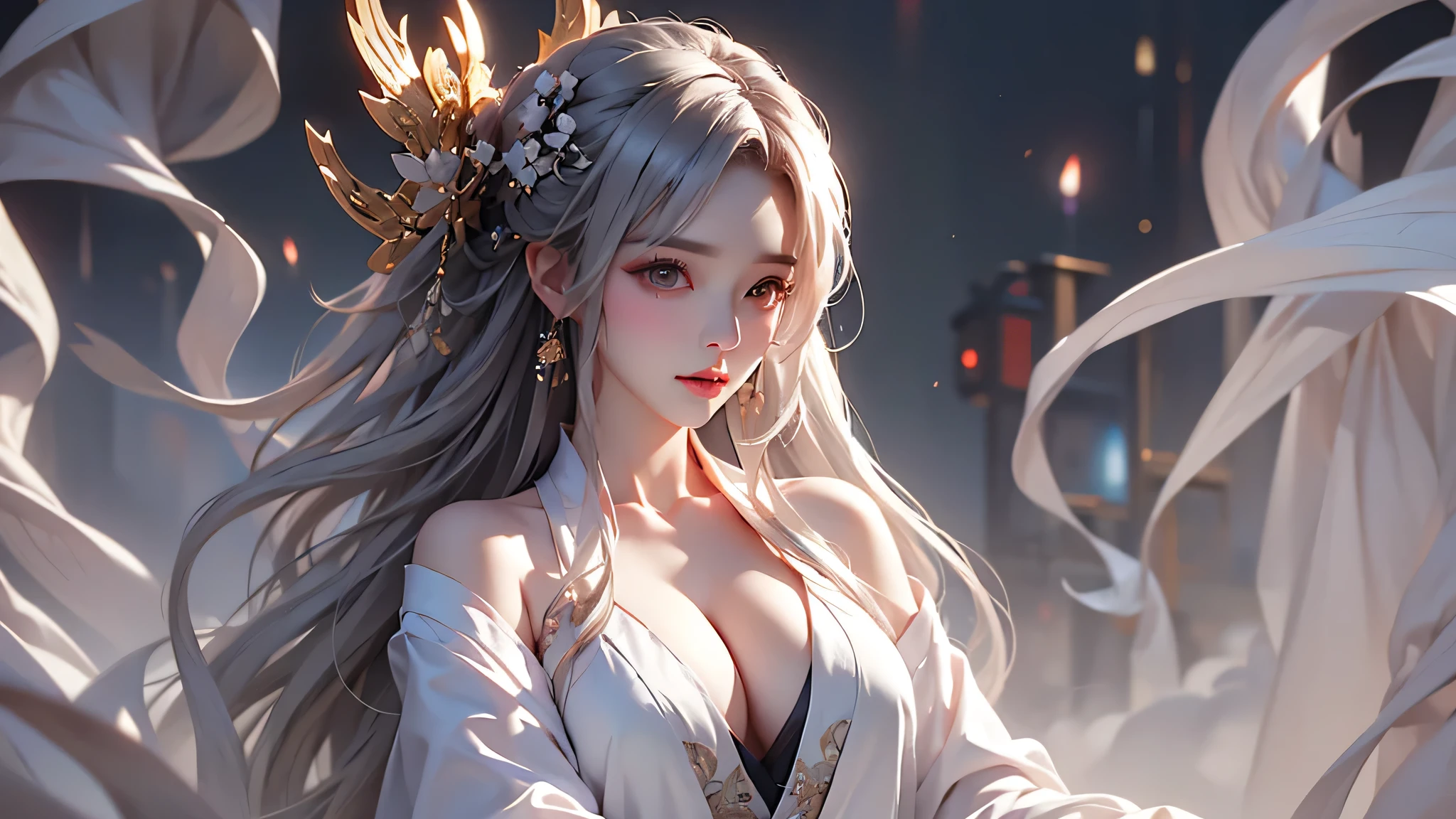 super high quality, masterpiece, Perfect illustration, Very detailed (Exquisite light and shadow, Very dramatic photo,Backlight) , ((Gray Hair:1.5))1 Girl,(( alone:1.6)), (Wearing Han clothes, Black and white Hanfu,Monotony,Long sleeve) (White smoke:1.3) (Realistic:1.4), Official Art, unity 8k wallpaper, Very detailed, Beautiful and beautiful, masterpiece, Highest quality, (Dynamic Angle: 1.4), Glowing Skin, (Floating colorful flashes: 1) The most beautiful chaotic shapes, elegant, Brutalist Design, Bright colors, Romantic Depth of Field Exotic_dance, half_naked、Expose your shoulders、Ample breasts、Great cleavage、