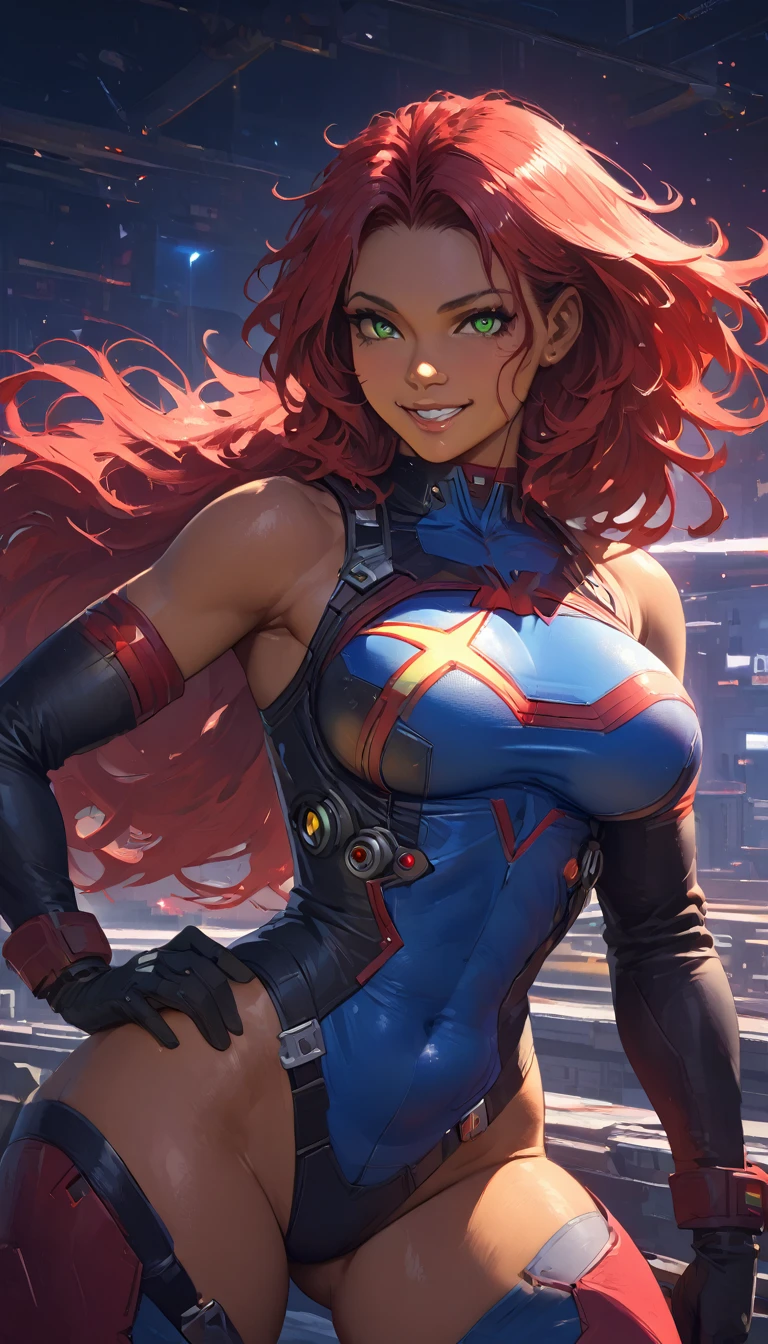 best quality,4k,8k,highres,masterpiece:1.2),ultra-detailed, extremely detailed eyes, extremely detailed body, (large masterpiece digital art), (detailed manga illustration), (detailed line art), ((perfect anatomy)), (intricate details:1.3), (ultra-detailed:1.3), (illustration:1.3), (sharp focus:1.3), (natural lighting:1.05), (vivid colors:1.3), (masterpiece), (best quality:1.4), (perfect anatomy:1.4), high quality, expressive eyes, full body, detailed face, beautiful face, perfect face, 1 girl, breasts, cleavage, gloves, large breasts, cyberpunk clothes, jacket, black jacket, very long hair, thigh length hair, ({dark skin}), dark-skinned female ,detailed ((red hair)), messy hair, green eyes, hourglass physique, bodysuit, ultramarine bodysuit, sleeveless, shorts, thick thighs, toned, captain marvel emblem, emblem, superhero, dynamic lighting, cinematic lighting, dynamic heroic pose, smiling, outer space background, curvy, Atey Ghailan, Jeremy Mann, Greg Manchess, Antonio Moro, trend in ArtStation, trend in CGSociety, Intricate, High Detail, Sharp focus, dramatic and photorealistic painting art by Midjourney and Greg Rutkowski, Jeff Bridges, ((cartoon style)), Marvel Cinematic Universe style