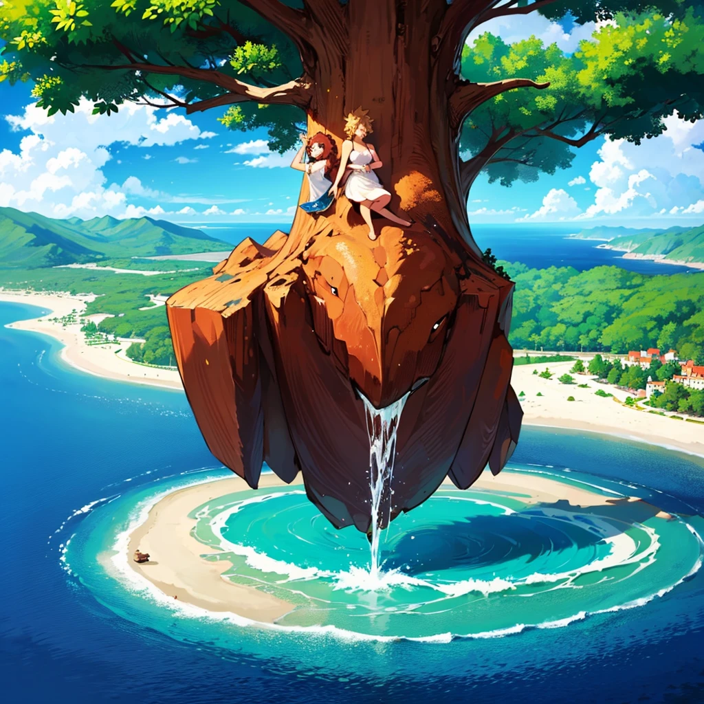 A giant lion head god putting up an island on his shoulder on the sea