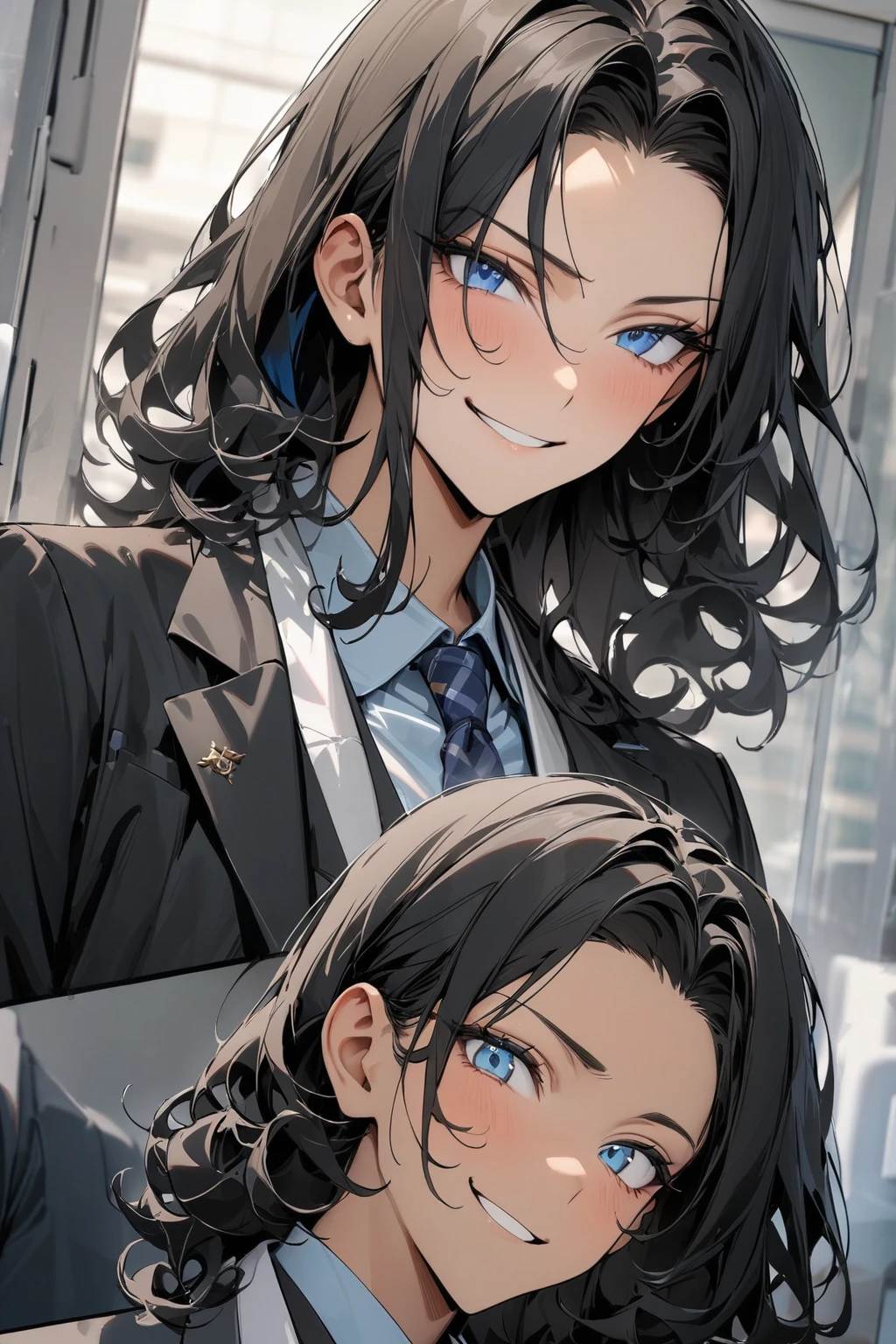 (( straight face picture )) ((best quality)), (Masterpiece)), (details), ( Beautiful colors ) ( ornamentation )( man ) ,doctorหนุ่ม , Tanned skin , black hair,blue eyes ,Shoulder-length hair ,Slightly curly hair , open forehead , suit ,doctor , smile