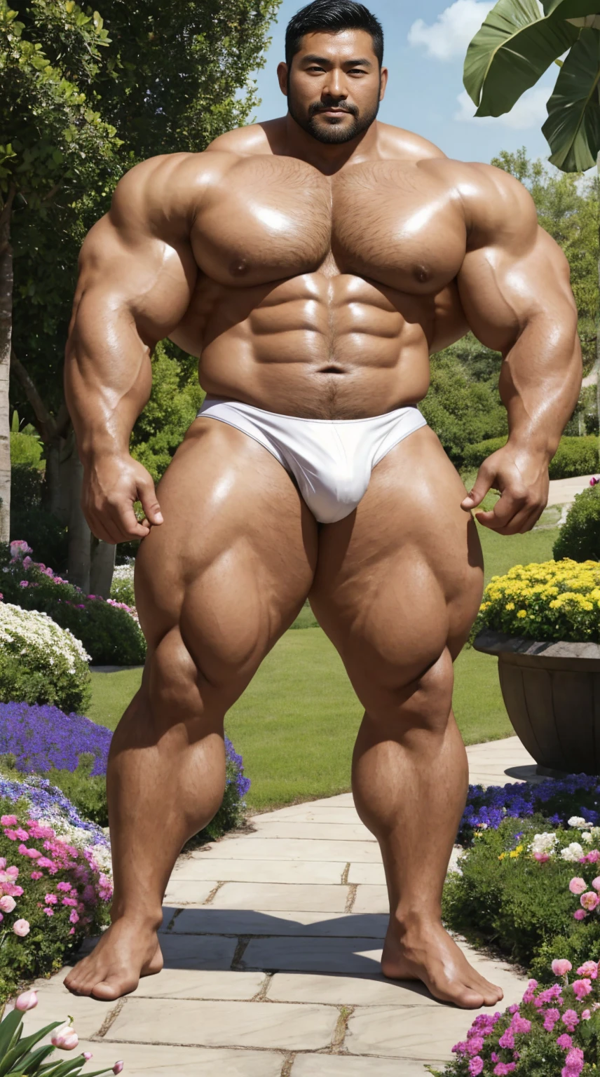 There is only one handsome Asian actor in the photo,35 years old,High target, Fitness,short hair, O-Shaped Beard,Perfect body, Dark skin color,Radiant Skin,Smooth skin,Shiny, shiny skin,Smooth pectoral muscles,No chest hair,No body hair,Muscle bulge, muscular, Very large pectoral muscles,Very sexy abdominal muscles,Very well-developed leg muscles,Huge concave and convex area,Brightens oily skin,Wearing a white leather thong,Handsome face,Normal human toes,Correct and accurate male body proportions,,Standing in the fantasy flowers, charming dream scene, Lots of flowers in the background,Create a mysterious and charming feeling。
