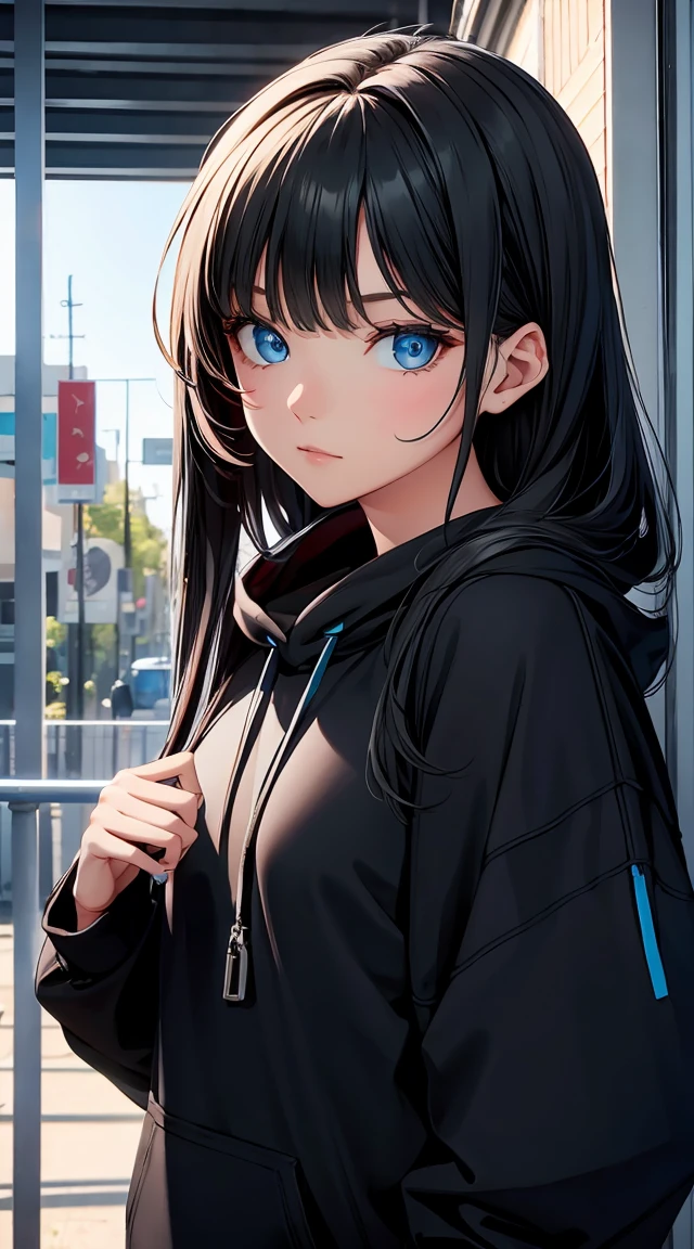 blue eyed girl. with black sweatshirt