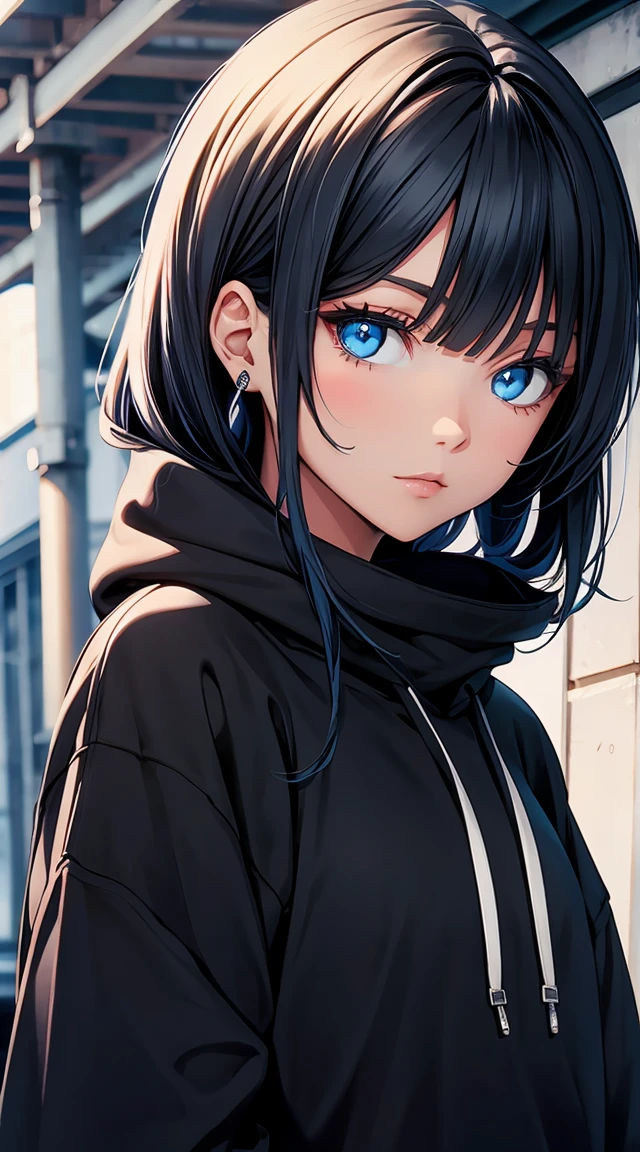 blue eyed girl. with black sweatshirt