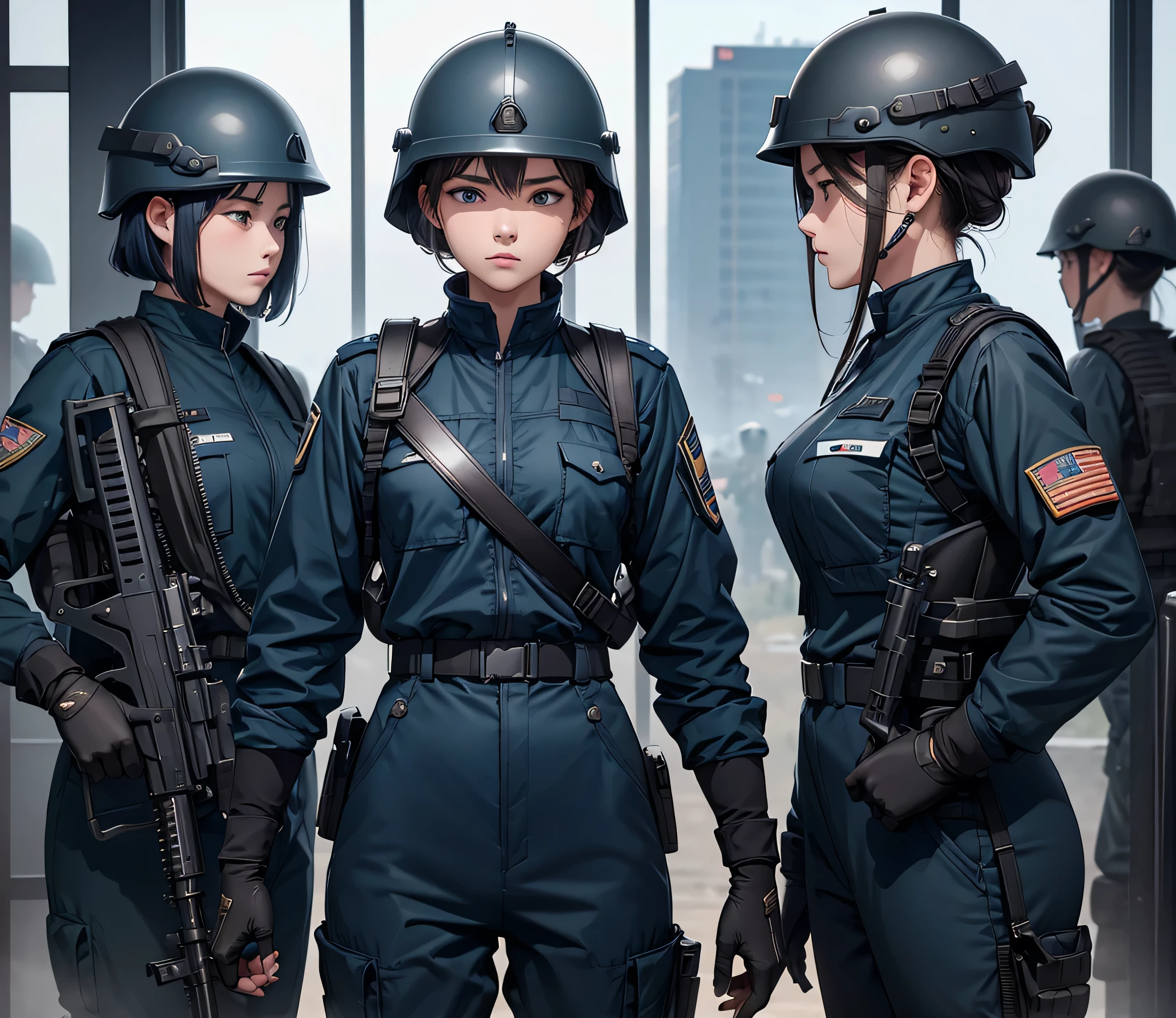 A group of female soldiers all wearing dark blue military uniforms,Full helmet、Military Pants、Individual equipment set、Alert with guns,Write details、masterpiece、best quality、Highly detailed CG、8K picture quality