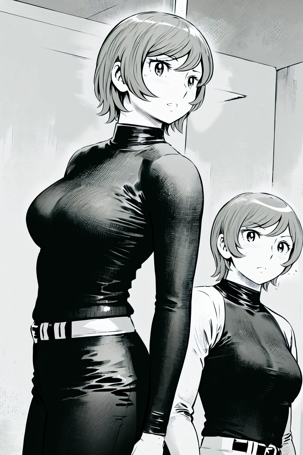 (野球uniform:1.2),
Blonde, (short hair:1.2),Long sleeve, Black Shirt, turtleneck,White trousers、uniform、Black belt、((Illustration of a person))、big 、
View your viewers,, (Highest quality:1.3),One Girl, White pants、uniform、Outdoor、baseball ground、ground、soil、blue eyes、Tight black shirt、(masterpiece、Highest quality)、Highest quality, Ultra-high resolution, (((masterpiece))), alone, Sweat、big eyes、big Breasts、One Girl, Front view、Embarrassed face、Bronze colored hair、((short hair))、Stand up straight、Cowboy Shot