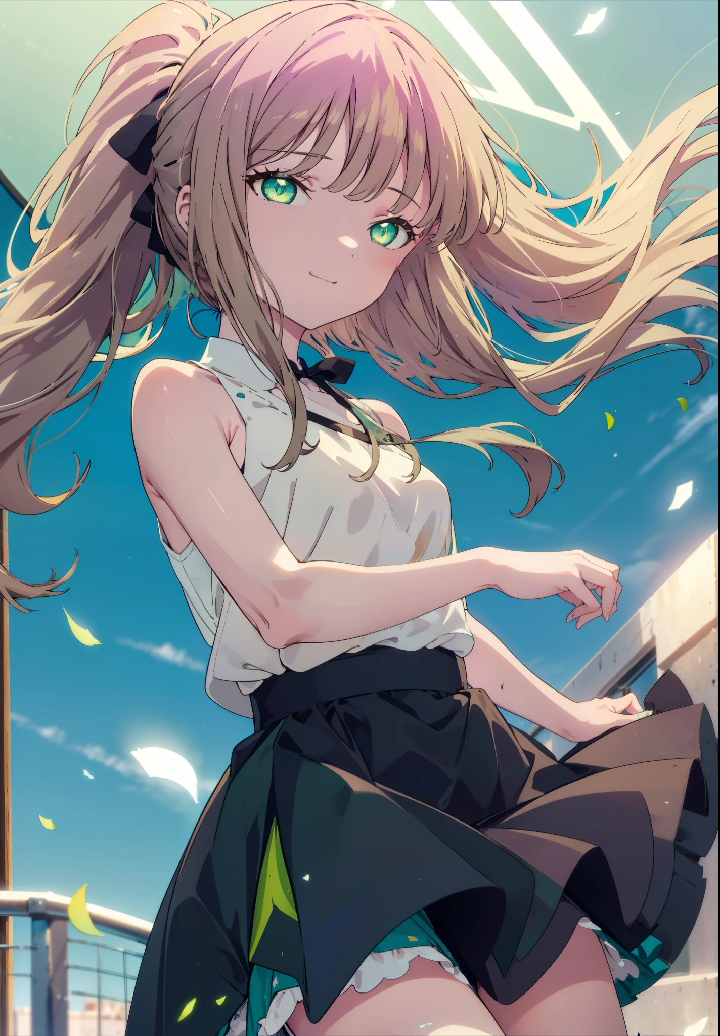 minami yume ,sss Dynazenon ,Long Hair, Brown Hair, (Green Eyes:1.5) ,Center of chest,hair band,ponytail,happy smile, smile, Open your mouth, Blue sleeveless dress,Long skirt,Cute heeled sandals,whole bodyがイラストに入るように,Daytime,Clear skies,Walking,
break looking at viewer, whole body,(Cowboy Shot:1. 5),
break outdoors, Residential Street,
break (masterpiece:1.2), Highest quality, High resolution, unity 8k wallpaper, (shape:0.8), (Beautiful and beautiful eyes:1.6), Highly detailed face, Perfect lighting, Highly detailed CG, (Perfect hands, Perfect Anatomy),