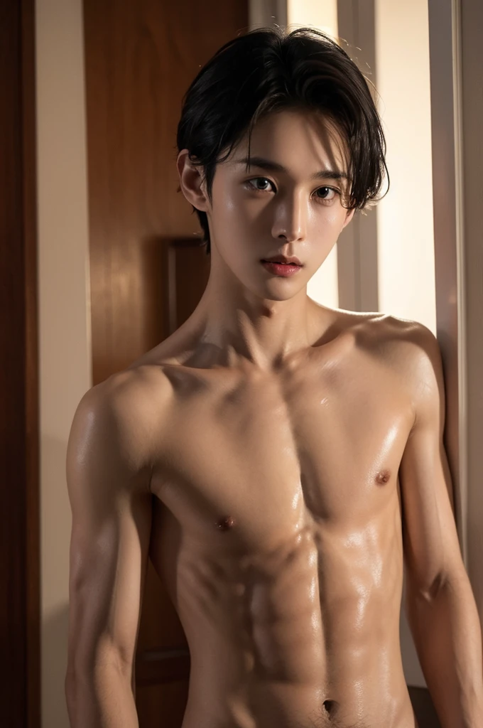 A naked boy appears at home at night,Slender, tender, sexy and cute,Sweating,Having physical contact with multiple people