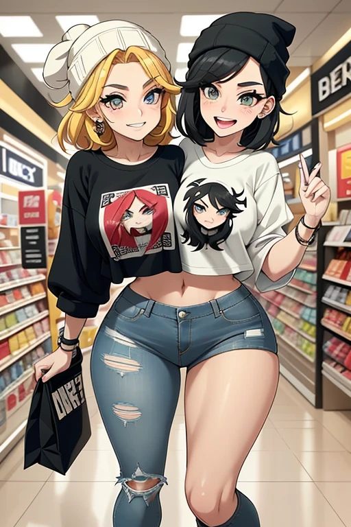 2heads, tall skinny woman with 2 heads. In a shopping mall. Short messy hair. Wearing a beanie. Wearing a band t-shirt. Wearing ripped jeans. Carrying a shopping bag. Many piercings and tattoos. Eyeliner, baggy eyes. Thick thighs, wide hips. Mature, tall. Laughing, happy. Selfie, POV selfie, taking a selfie.