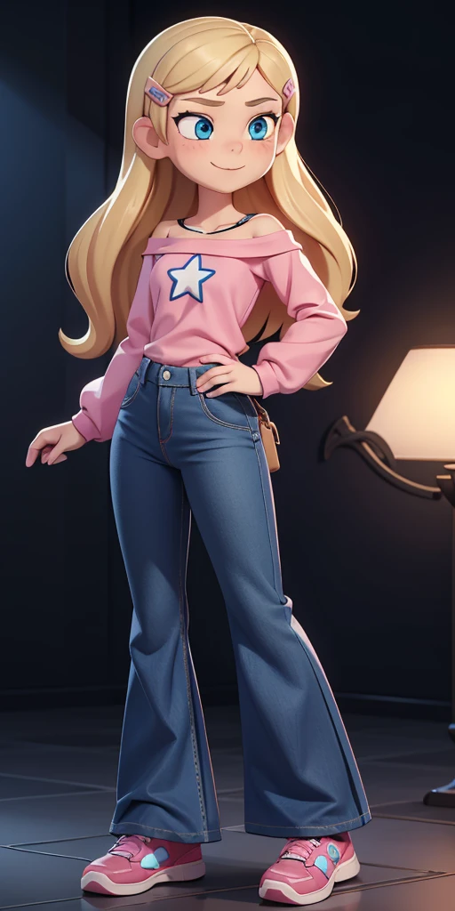 score_9, source_cartoon, 1girl, solo, Kelly Marra, looking very happy, looking very cute, long hair, blonde hair, cute blue eyes, hair ornament, hairclip, blue pants, white star (symbol) in the middle of the shirt, flare baggy blue pants(Wide flares on pants:1.2), pink sketchers shoes, Pink off shoulder t-shirt with white long sleeves,