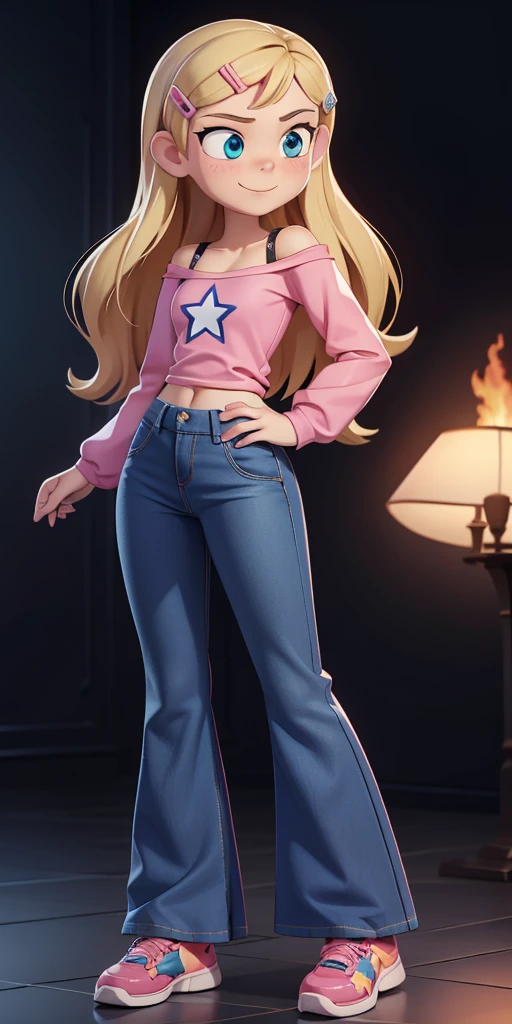 score_9, source_cartoon, 1girl, solo, Kelly Marra, looking very happy, looking very cute, long hair, blonde hair, cute blue eyes, hair ornament, hairclip, blue pants, white star (symbol) in the middle of the shirt, flare baggy blue pants(Wide flares on pants:1.2), pink sketchers shoes, Pink off shoulder t-shirt with white long sleeves,