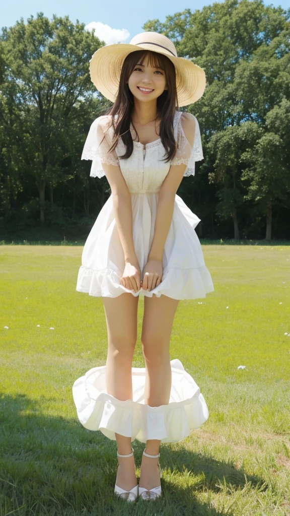grassland、one piece、Fluffy lace、The wind is blowing、hat、smile、Beautiful legs