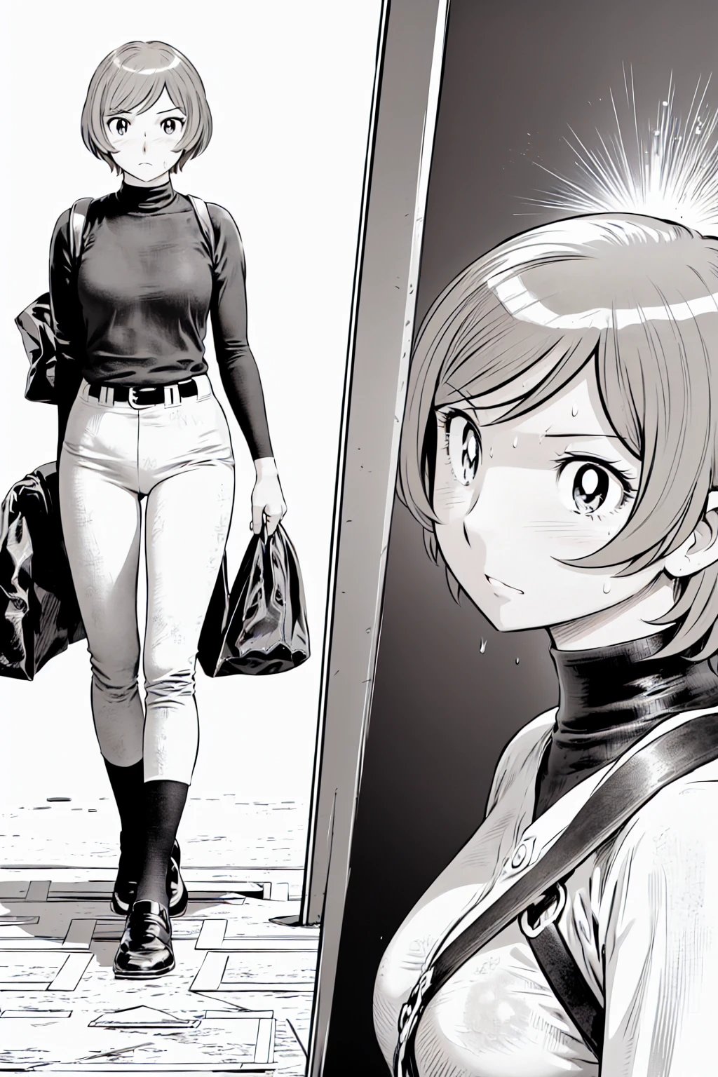 (野球uniform:1.2),
Blonde, (short hair:1.2),Long sleeve, Black Shirt, turtleneck,White trousers、uniform、Black belt、((Illustration of a person))、big 、
View your viewers,, (Highest quality:1.3),One Girl, White pants、uniform、Outdoor、baseball ground、ground、soil、blue eyes、Tight black shirt、(masterpiece、Highest quality)、Highest quality, Ultra-high resolution, (((masterpiece))), alone, Sweat、big eyes、big Breasts、Torn clothes、 fully exposed、Nipples、One Girl, Front view、Embarrassed face、Bronze colored hair、((short hair))、Stand up straight、Cowboy Shot