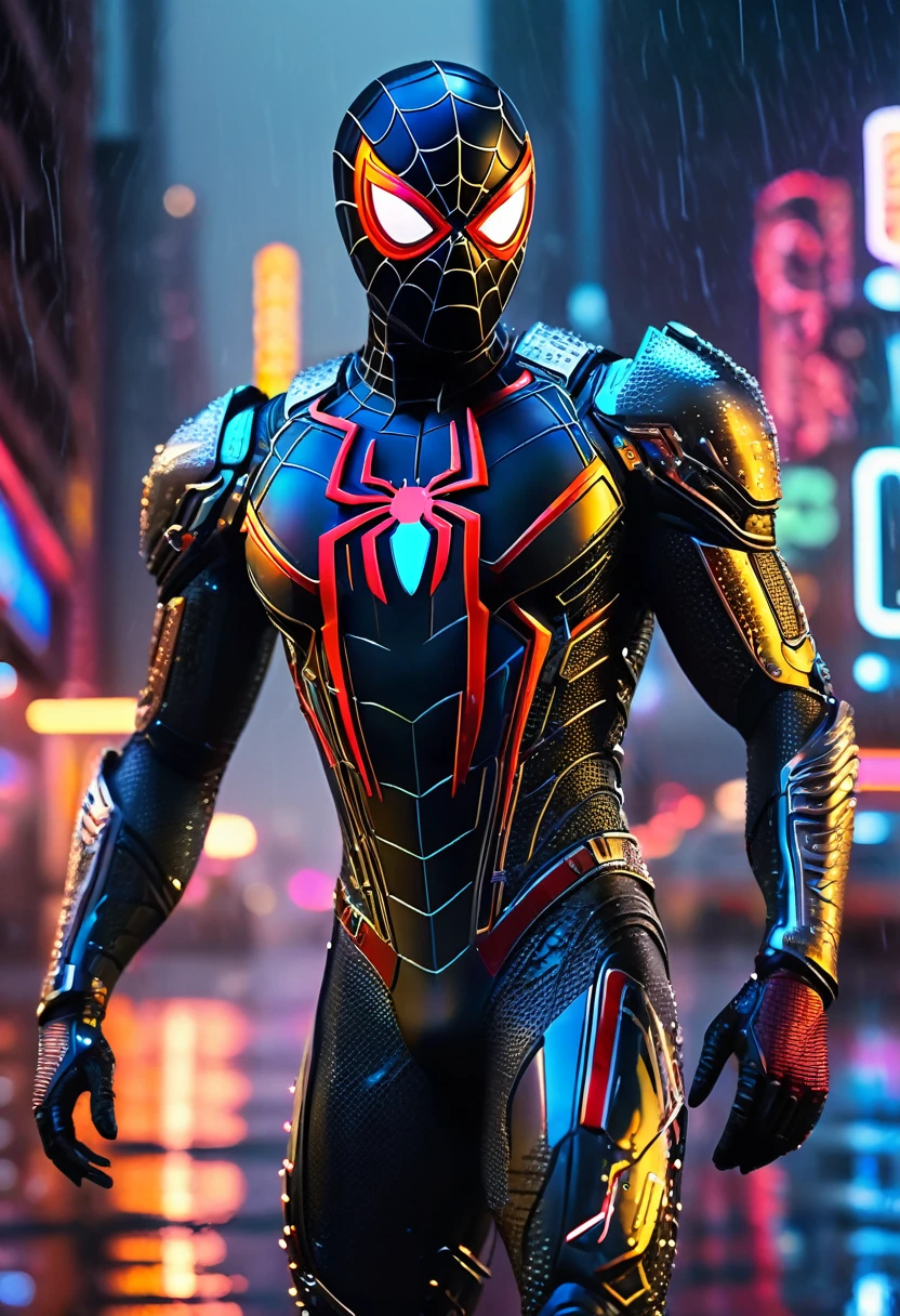 highly detailed, cinematic lighting, machine, dark rainy night, neon city background, spider-man in futuristic nano armor, advanced technology, hyper realistic, 8k, photorealistic, intricate details, dramatic pose, dynamic composition, volumetric fog, reflections, depth of field, glowing neon, chrome metal, wet surfaces, film grain